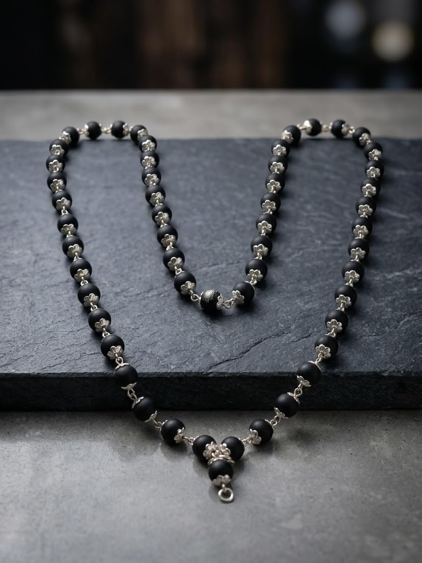 RUDRADIVINE Silver Plated Original Karungali Mala (Natural Ebony Wood Beads) – Spiritual Protection Necklace for Men & Women | Meditation, Puja & Negative Energy Protection