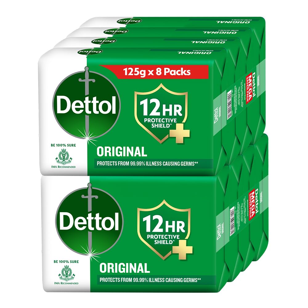 Dettol Original Bathing Soap Bar with 12hr Germ protection (1000gm) | Kills 99.99% Germs, 125g (Pack of 8)
