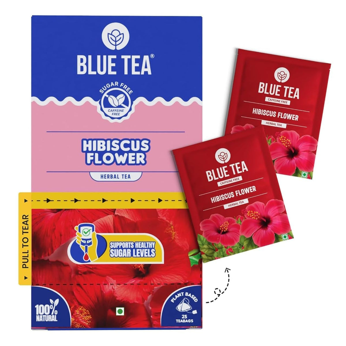 BLUE TEA - Hibiscus Tea - 25 Tea Bags - Plant Based | Supports Healthy Sugar Levels | Enhances Skin Glow | Caffeine Free - Herbal Tea - Tangy Flavour | Single Tear Tea Box | Easy Pull Sachets