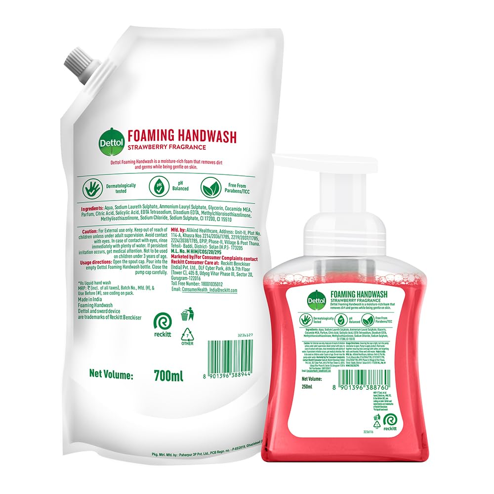 Dettol Strawberry Foaming Handwash Pump + Refill combo (250ml+700ml)