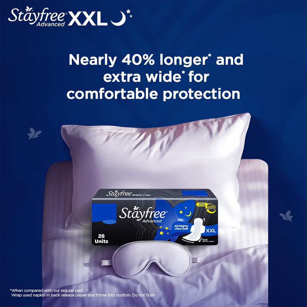 Stayfree Advanced XXL All Night Sanitary Pads For Women | 28 Pads | Soft Cover | 2x Coverage for All Round Protection | Helps Prevent Rashes & Skin Irritation
