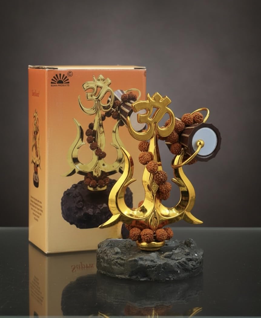 RUDRADIVINE Lord Shiva Om Trishul with Damru & Rudraksha Mala Idol | Mahadev Spiritual Statue for Home Temple, Car Dashboard, Pooja Decor