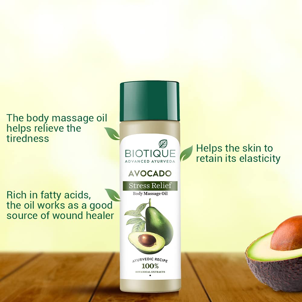 Biotique Cado Stress Relief Avocado Stress Relief Body Massage Oil | Heals and Hydrates dry skin | 100% Botanical Extracts | Suitable for All Skin Types | 200ml (Pack of 4)