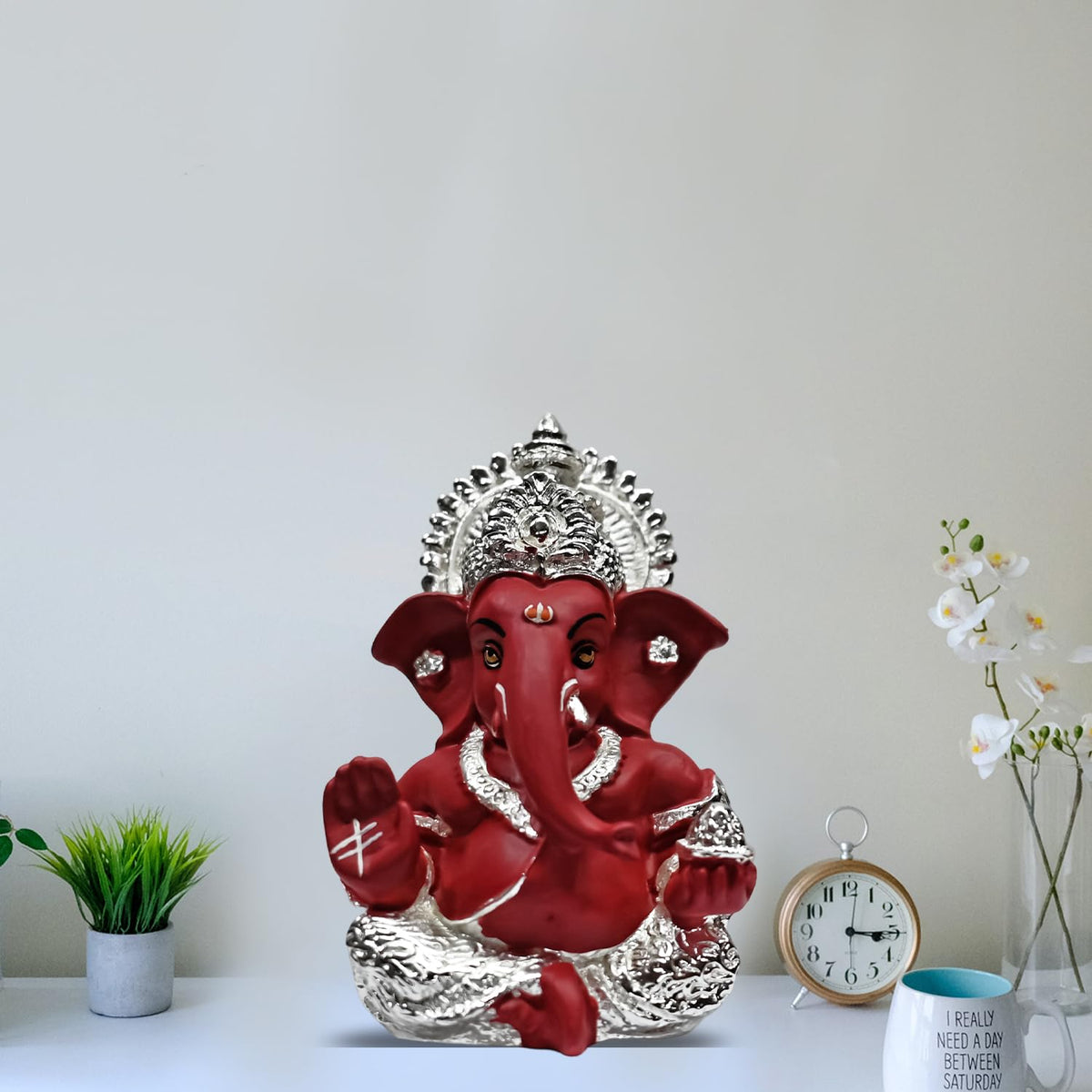 DIVINITI 999 Silver Plated Ganesh Idol for Office Desk Puja Room God Ganesha Idol for Home Decor Ganpati for Gift 3.5 inches (8.89 x 5.08 cm) (Mukut Silver red), Religious