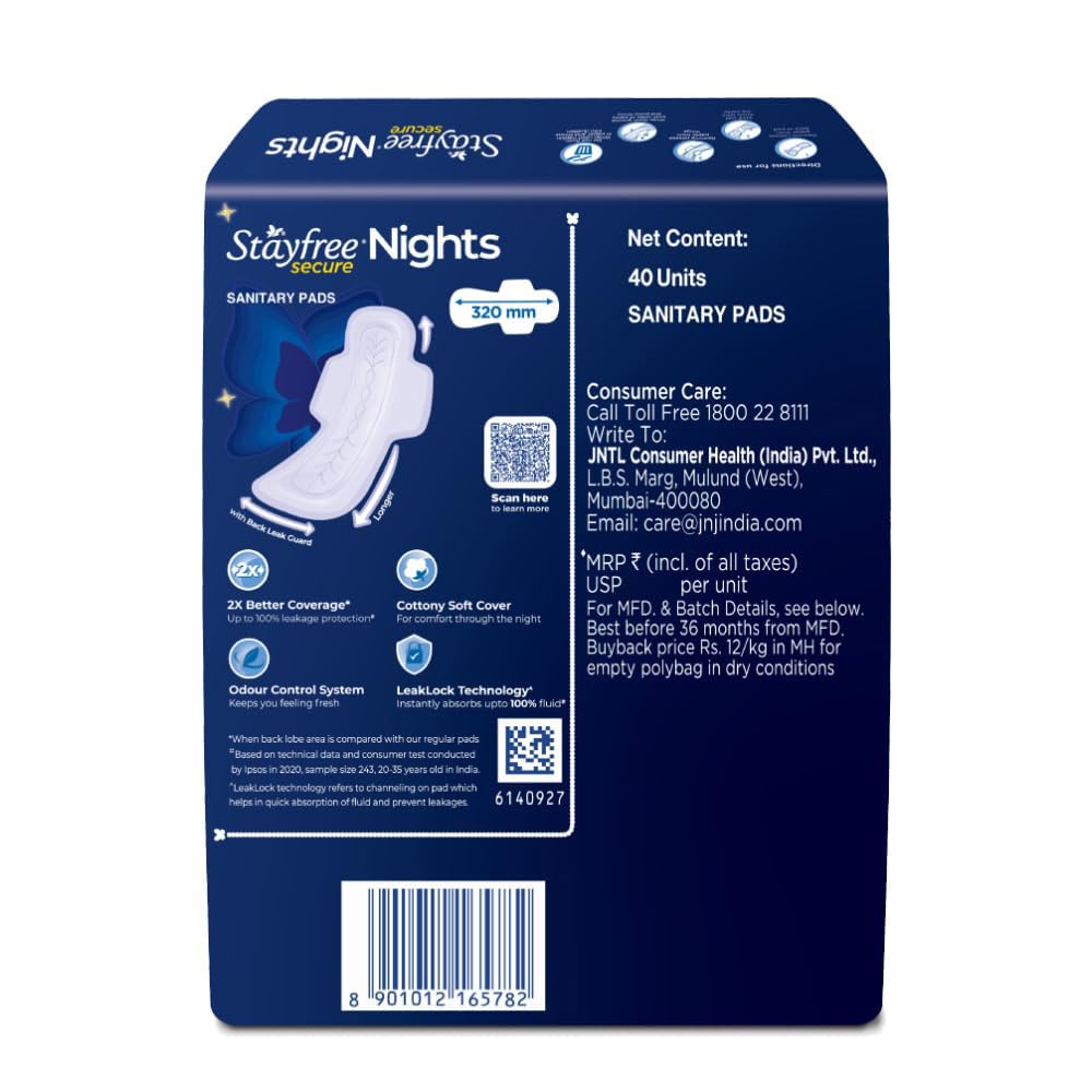 Stayfree Secure Nights XXL Sanitary Pads for Women | 120 Pads Combo Pack| Cottony Soft Cover | Upto 100% leakage protection | Buy XXL at XL price | Absorbs 2x Faster with Wider Back
