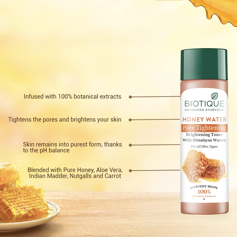 Biotique Honey Water Pore Tightening Brightening Toner with Himalayan Waters |Maintains pH Balance| Moisturized and Hydrated Skin | 100% Botanical Extracts| Suitable for All Skin Types | 120ml