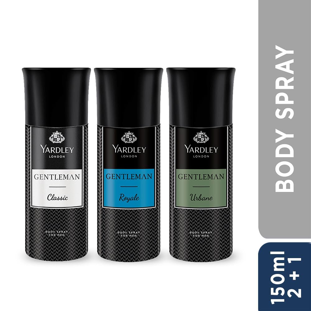 Yardley London Gentleman Range Deo Body Spray Tripack (Classic + Urbane + Royale) for Men, 150ml Each (Pack of 3)