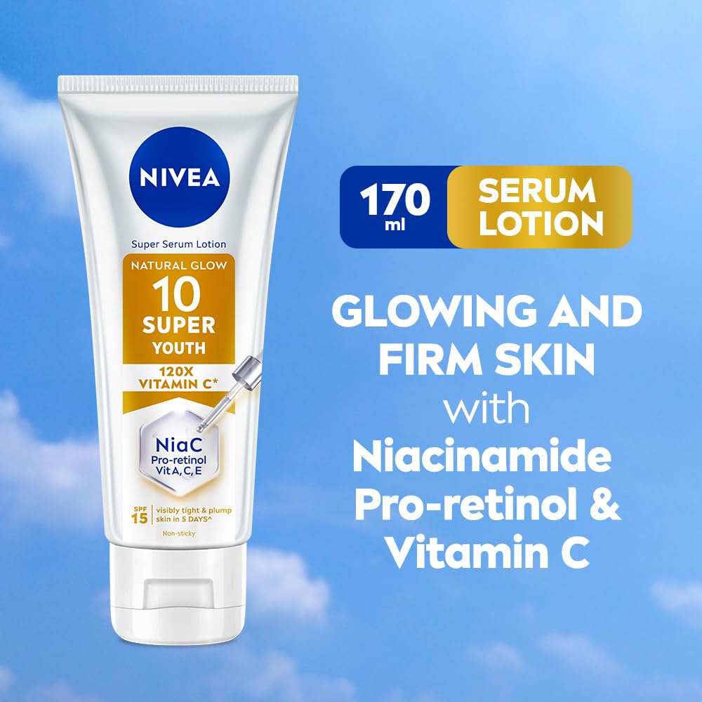 NIVEA Super 10 Youth Body Serum Lotion 170ml | Niacinamide Retinol 120X Vitamin C Body Lotion SPF15 Daily Sunscreen | Skin Tightening, Lightweight, Fast Absorbing Moisturizer | Youthful & Firm Skin in 5 Days
