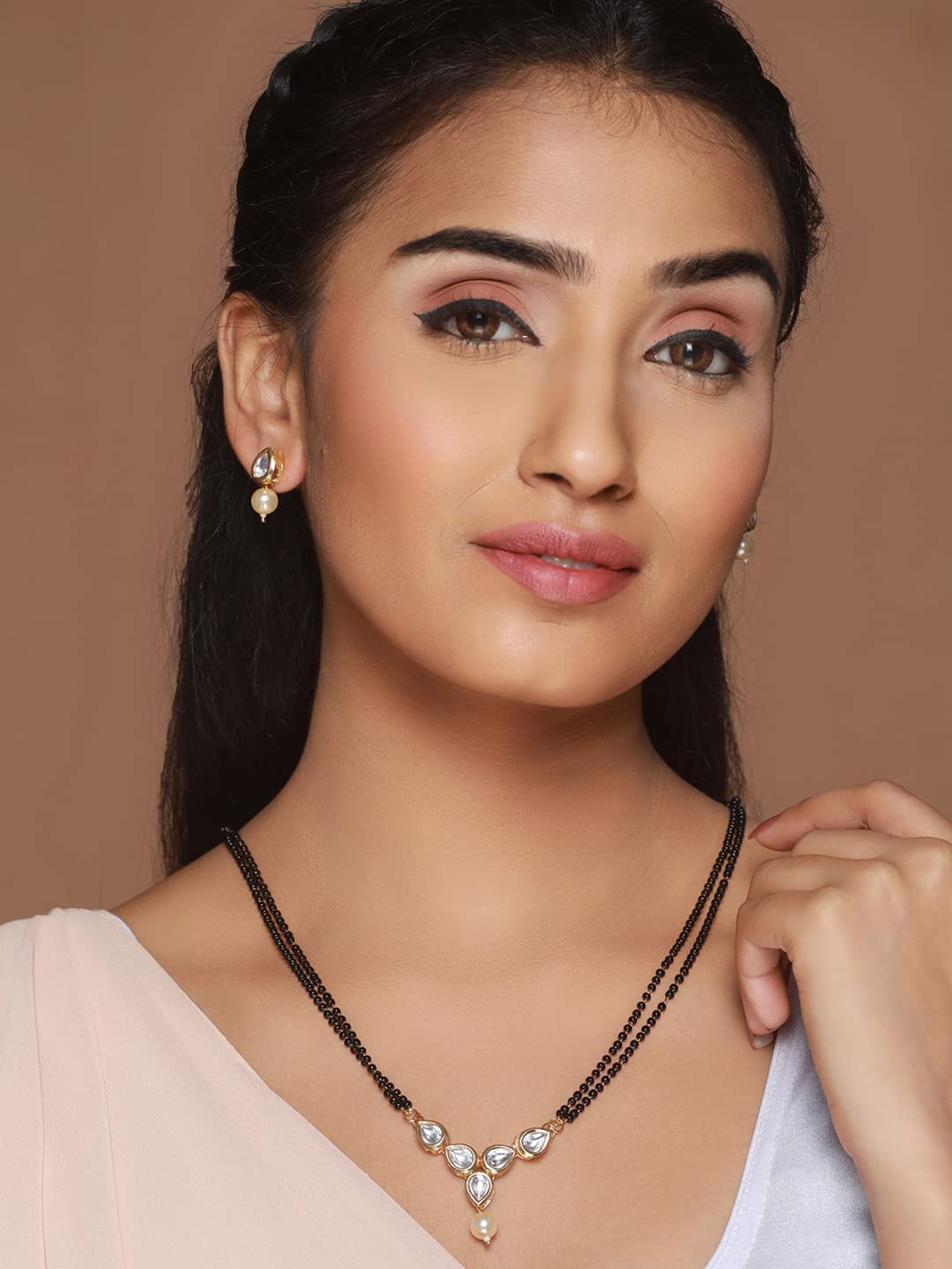 Priyaasi Kundan Pearl Black Bead Gold-Plated Mangalsutra