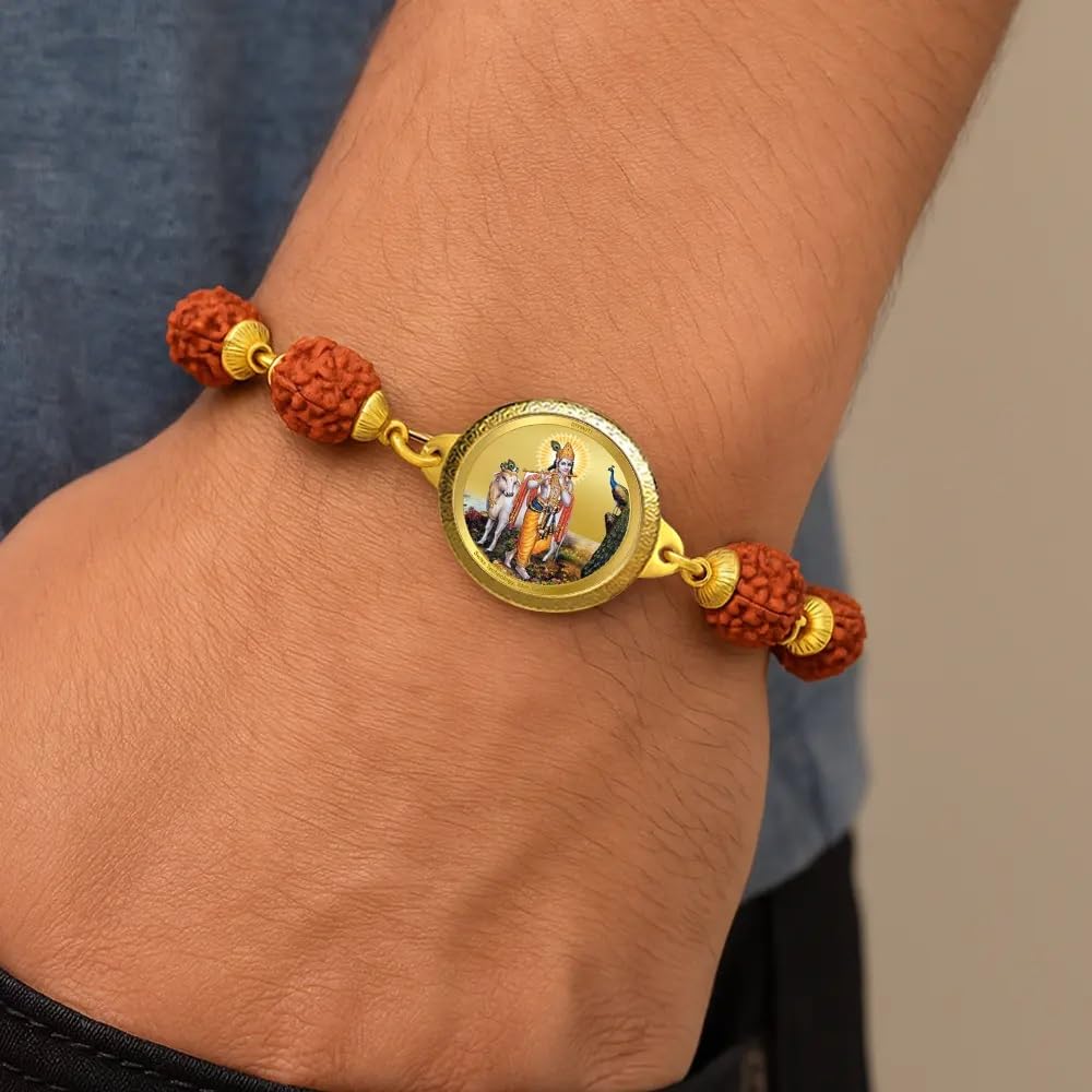 Diviniti krishna with Surbhi Cow Rudraksha Rakhi with 24K Gold Plated Foil Divine Raksha Bandhan Gift