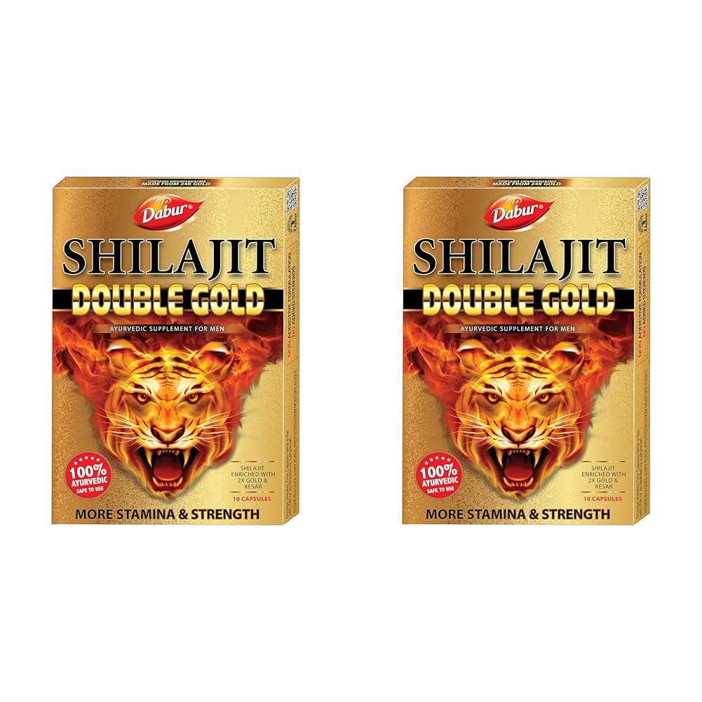 DABUR Shilajit Double Gold-10 Capsules|2X Stamina&Strength|100% Ayurvedic Capsules For More Strength,Power,Energy&Stamina|Helps In Countering Weakness|Premium Vitality Ayurvedic Supplement|For Men