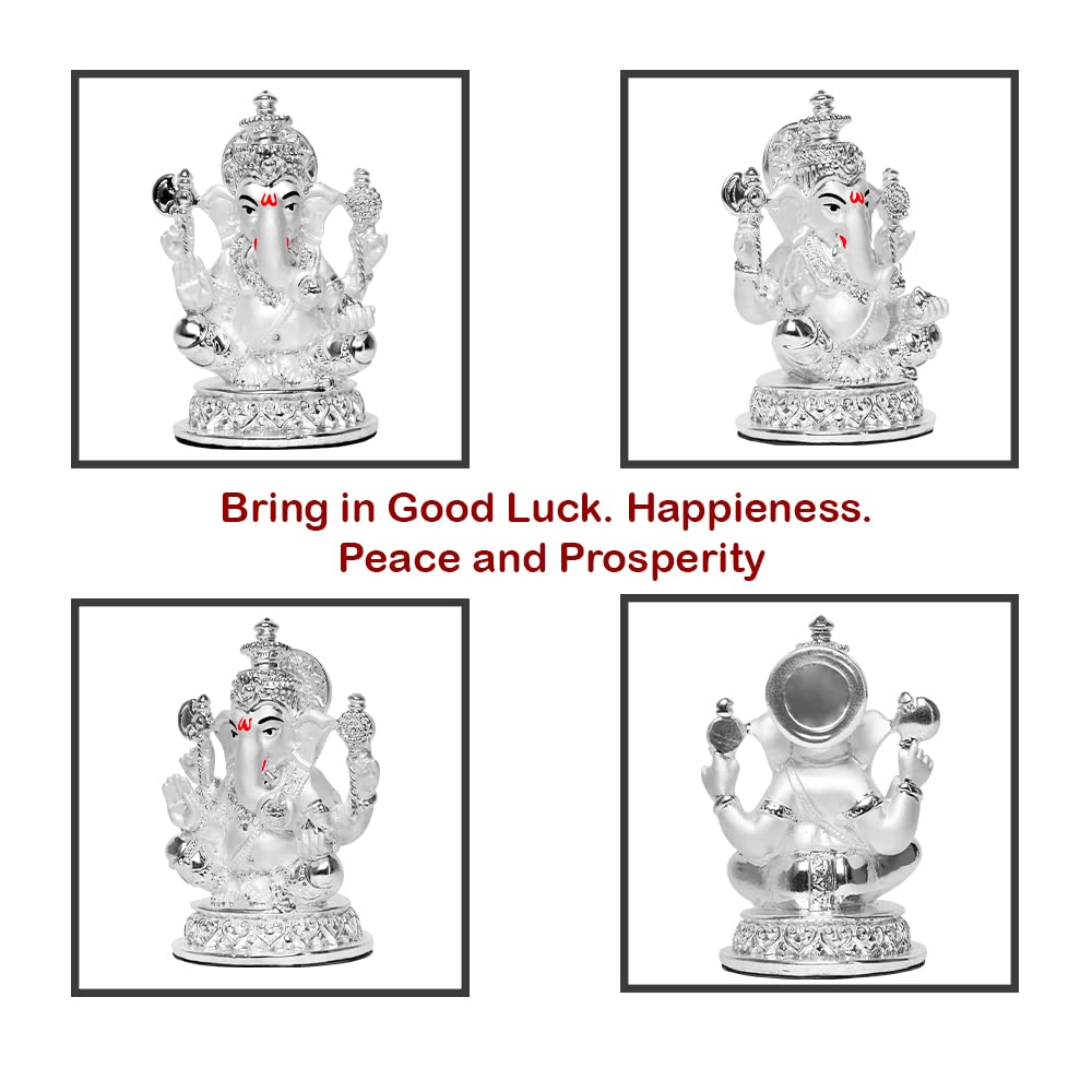 DIVINITI 999 Silver Plated Ganesha Idol for Home Decor Sculpture of Ganpati Figurine| Idol for Home, Office, Temple and Table Decoration| Religious Idol for Pooja, Gift (5.7x7 CM)
