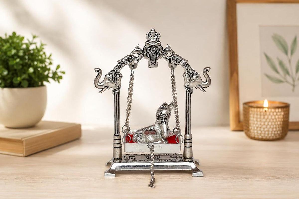 KridayKraft Silver Plated Metal Krishna Jhula with Elephant Design Stand | Lord Krishna on Swing Idol for Home Decor, Janmashtami Puja, Temple, & Spiritual Gifting.