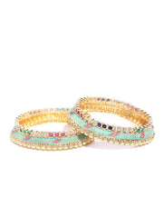 Priyaasi Traditional Colored Stone Gold Plated Bangle Set for Women, (Sea Green & Gold)