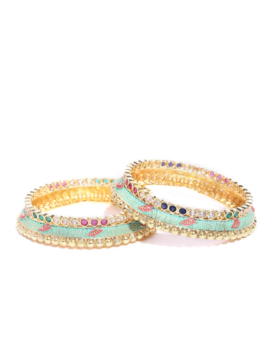 Priyaasi Traditional Colored Stone Gold Plated Bangle Set for Women, (Sea Green & Gold)