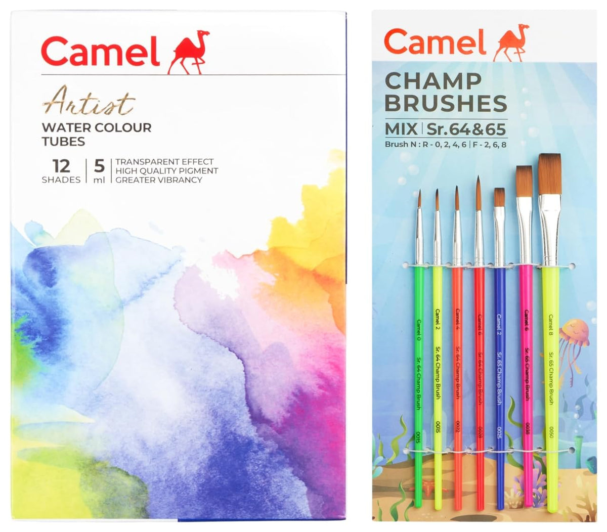 Camel Artist Water Colours Set 5Ml X 12 Shades,Multicolor Plastic Champ Brushes Set of 7 Brushes, Round and Flat