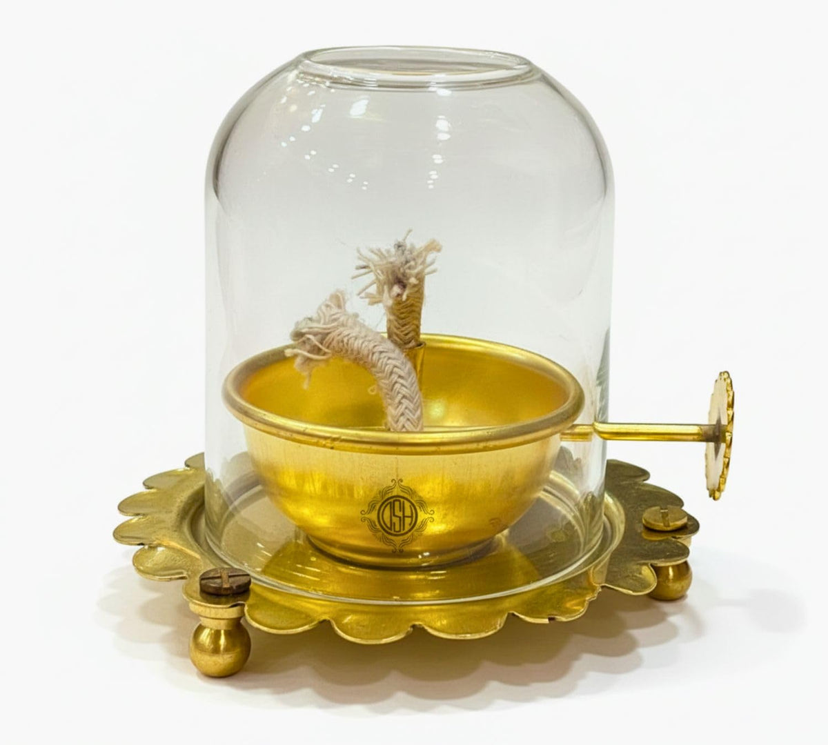 DSH Brass Akhand Diya with Adjustable Bati for Puja Decorative Brass & Glass Oil Lamp with Screw Lever Lantern Diya with Glass Cover for Prayers Home Decor and Diwali Festive Gifts. (Small)