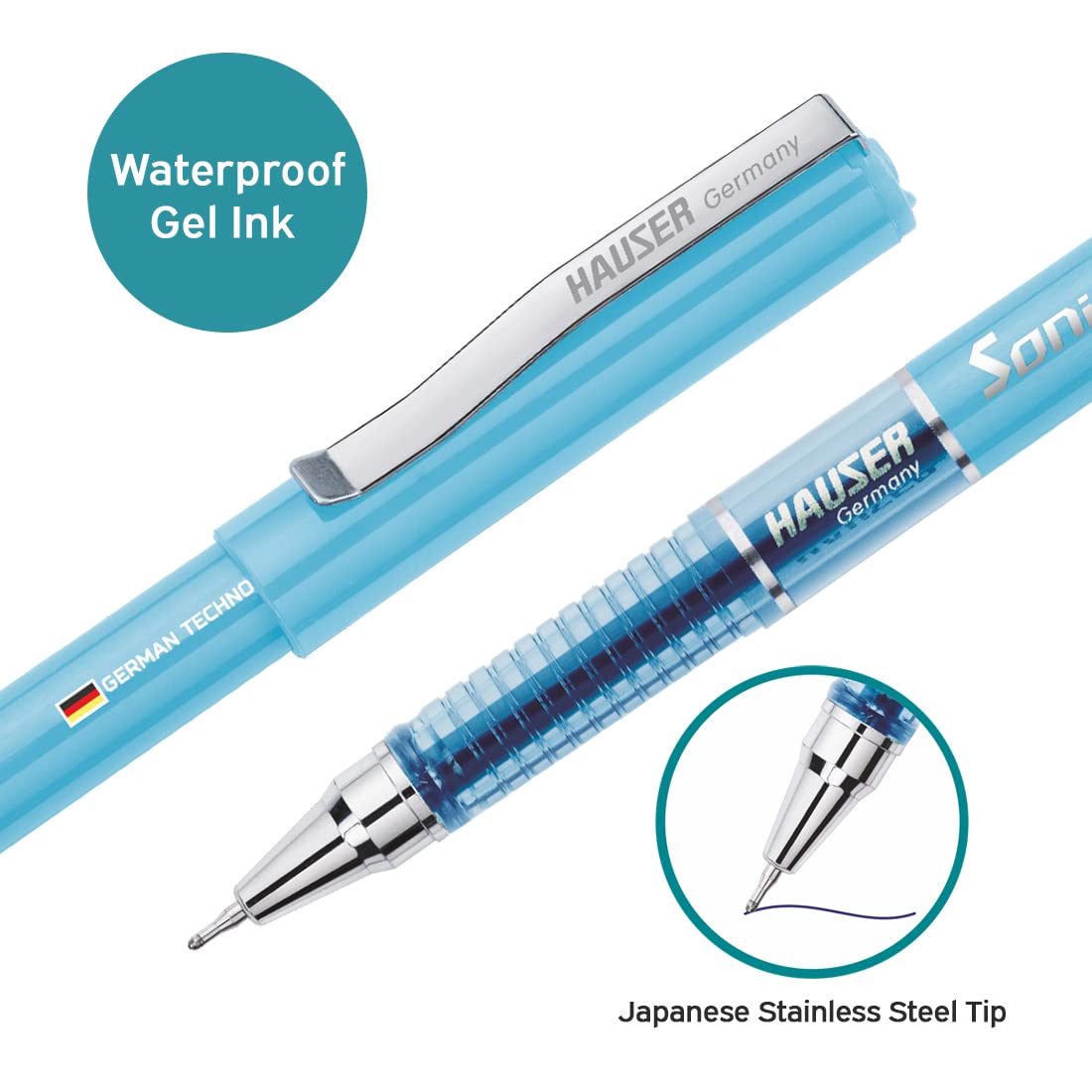 Hauser Sonic Gel Pen Box | Attractive Foiled Body | Stylish Metal Clip | Refillable & Waterproof Gel Ink | German Technology For Smooth & Effortless Writing | Blue Ink, Set Of 10 X 5 Pack