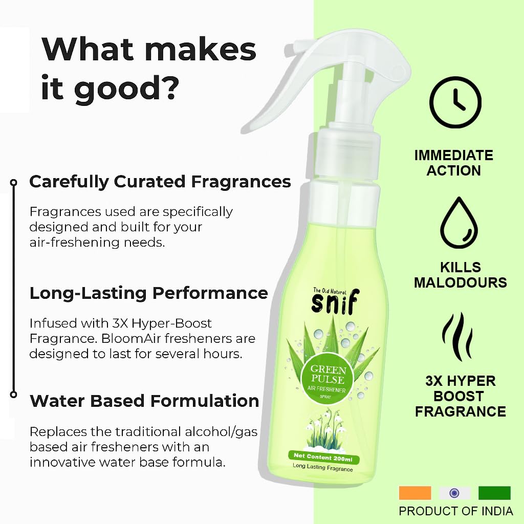 The Old Natural Snif Premium Room Freshener Spray | Natural Essential Oils | Long-Lasting 1000+ Sprays for Room, Car & Living Space (Green Pulse/Bloom Burst)