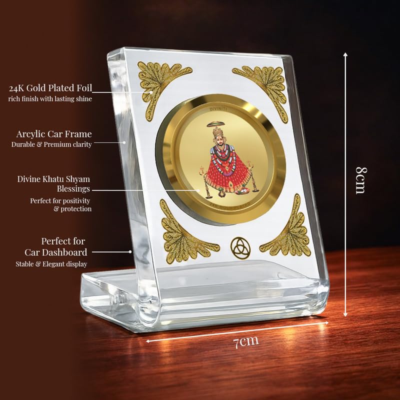 DIVINITI 24K Gold Plated Lord Khatu Shyam Acrylic Frame for Car Dashboard, Home Temple & Office Table | Premium Spiritual Gift, Blessings for Protection & Positivity, 8x7 cm Decorative Showpiece