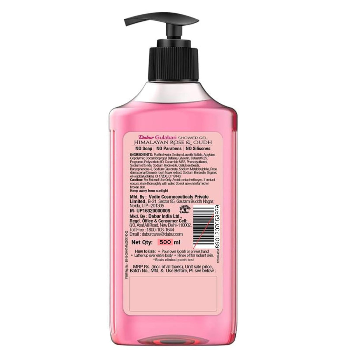 Dabur Gulabari Shower Gel - 500 ml | 99% Pure Glycerine | Gentle Bodywash | Himalayan Rose Extract to nourish and revitalise the skin | 0% Parabens & Soap | No Silicones | With Oudh Fragrance