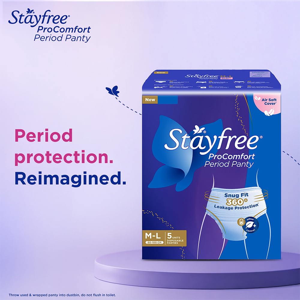 Stayfree ProComfort Period Panty for Women | Disposable Period Pants Pack of 5, M - L | Air Soft Cover | 360° Leakage Protection for Heavy Flow| Snug Fit | Odour Control