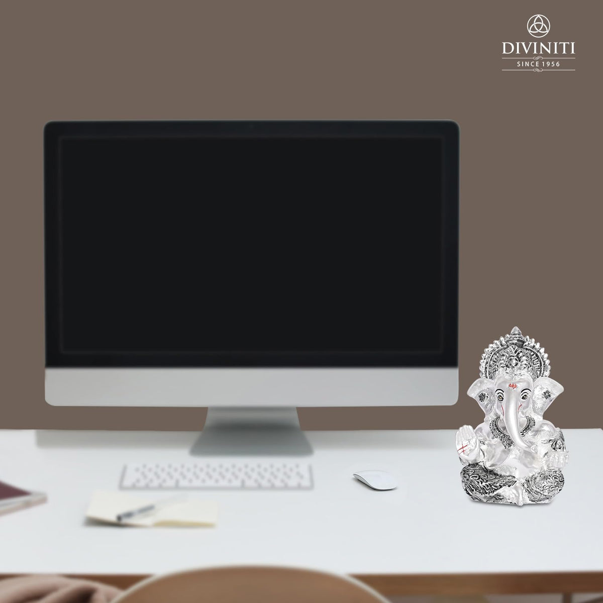 DIVINITI 999 Silver Plated Ganpati Idol with Silver Antique Finish | Ganesha murti for Car Dashboard |Ganesh Statue for Car Accessories Figurine Murti for Puja (8.89 x 5.08 cm) (Silver), Religious
