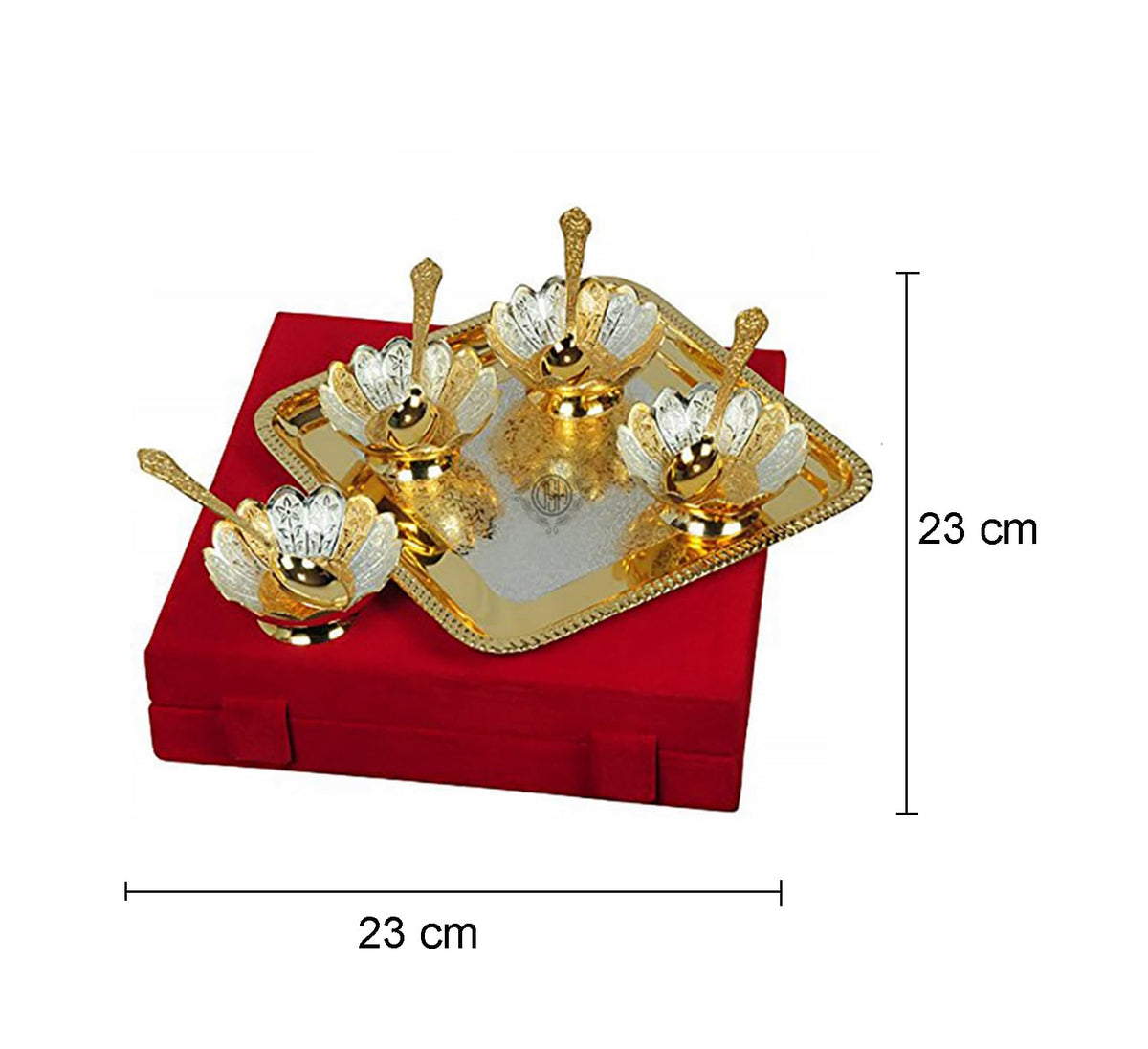 DSH Metal Bowl Set with Spoon, Tray and Velvet Box for Wedding Return Gifts and Festive Gifting-Set of 9