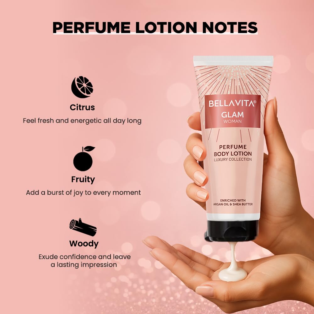 Bella Vita Luxury Glam Woman Perfume Body Lotion for Nourishing, Hydrating, Soft, Supple,Healthy Skin with Argan Oil and Shea Butter 200 Ml