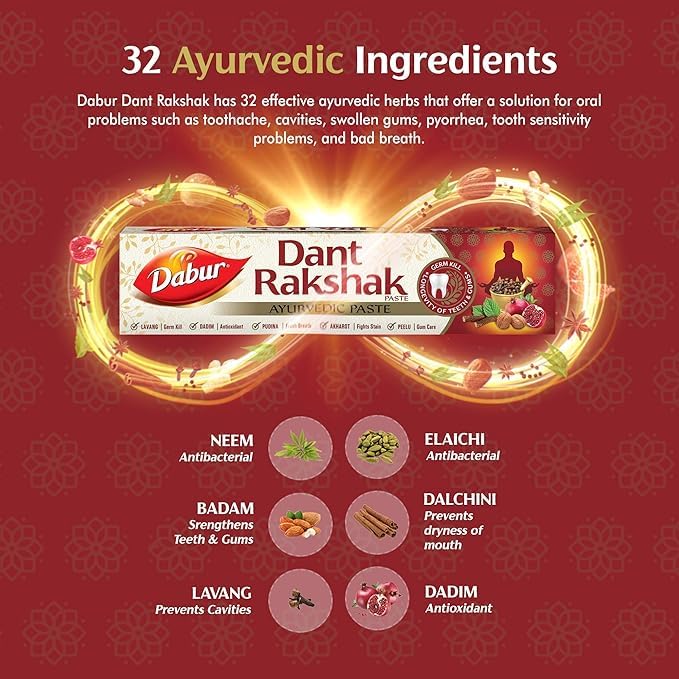 Dabur Dant Rakshak Ayurvedic Paste - 350g (175g x2) | Family Saver Pack | 32 Ayurvedic Herbs | Germ Kill | Longevity of Teeth & Gums | No Added Flourides & Parabens