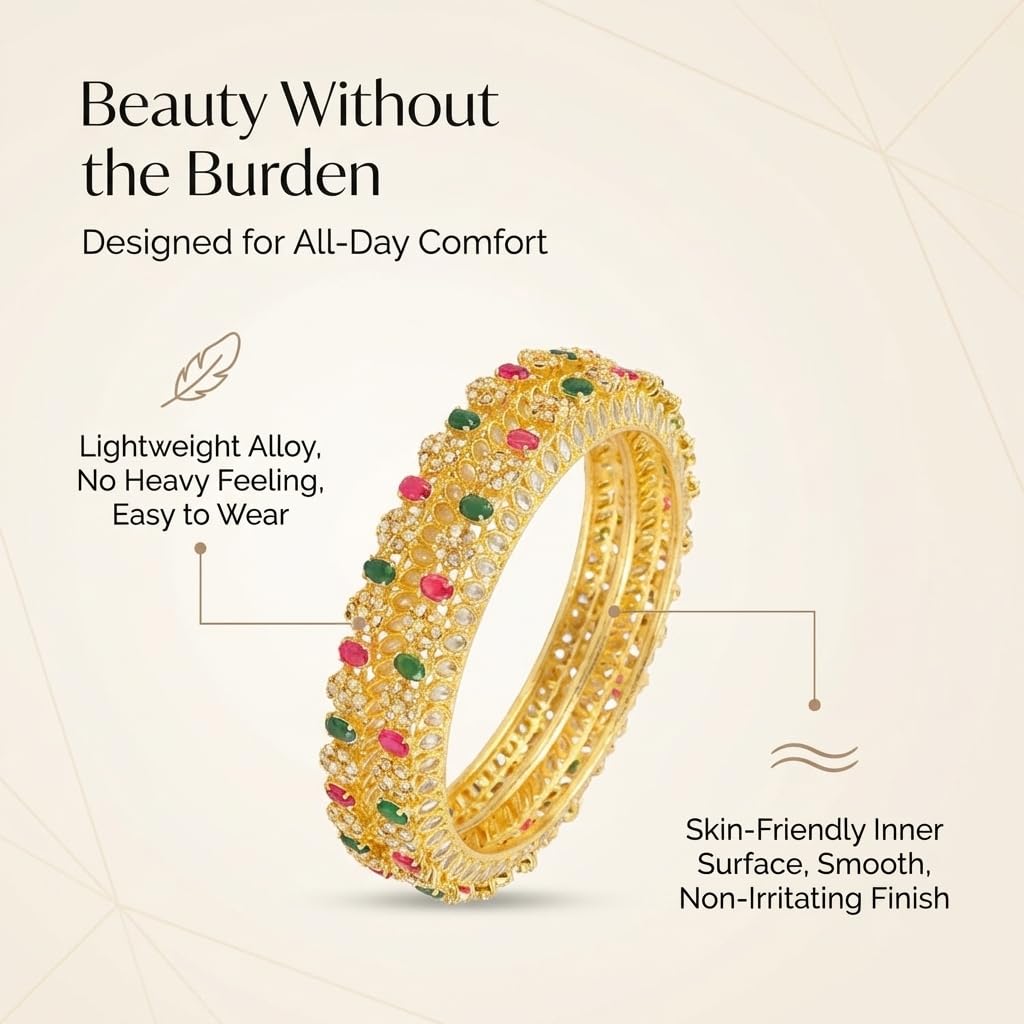 NMII Traditional Gold Plated Metal with Red Zircon GemStone Bangles Set For Girls & Women | Premium Rajwadi Kangan Set | Girl's Bangles Bracelet | Stylish Kada For Women