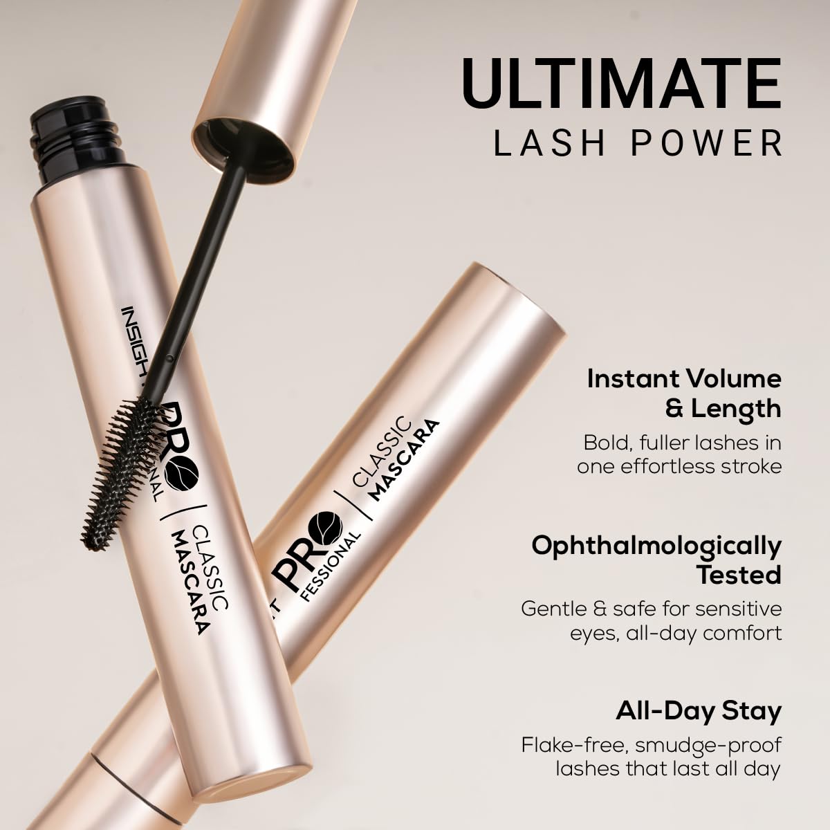 INSIGHT Professional Classic Mascara | Volumizing, Lengthening & Defining | Clump-Free | Smudge-Proof | Jet Black - 10g