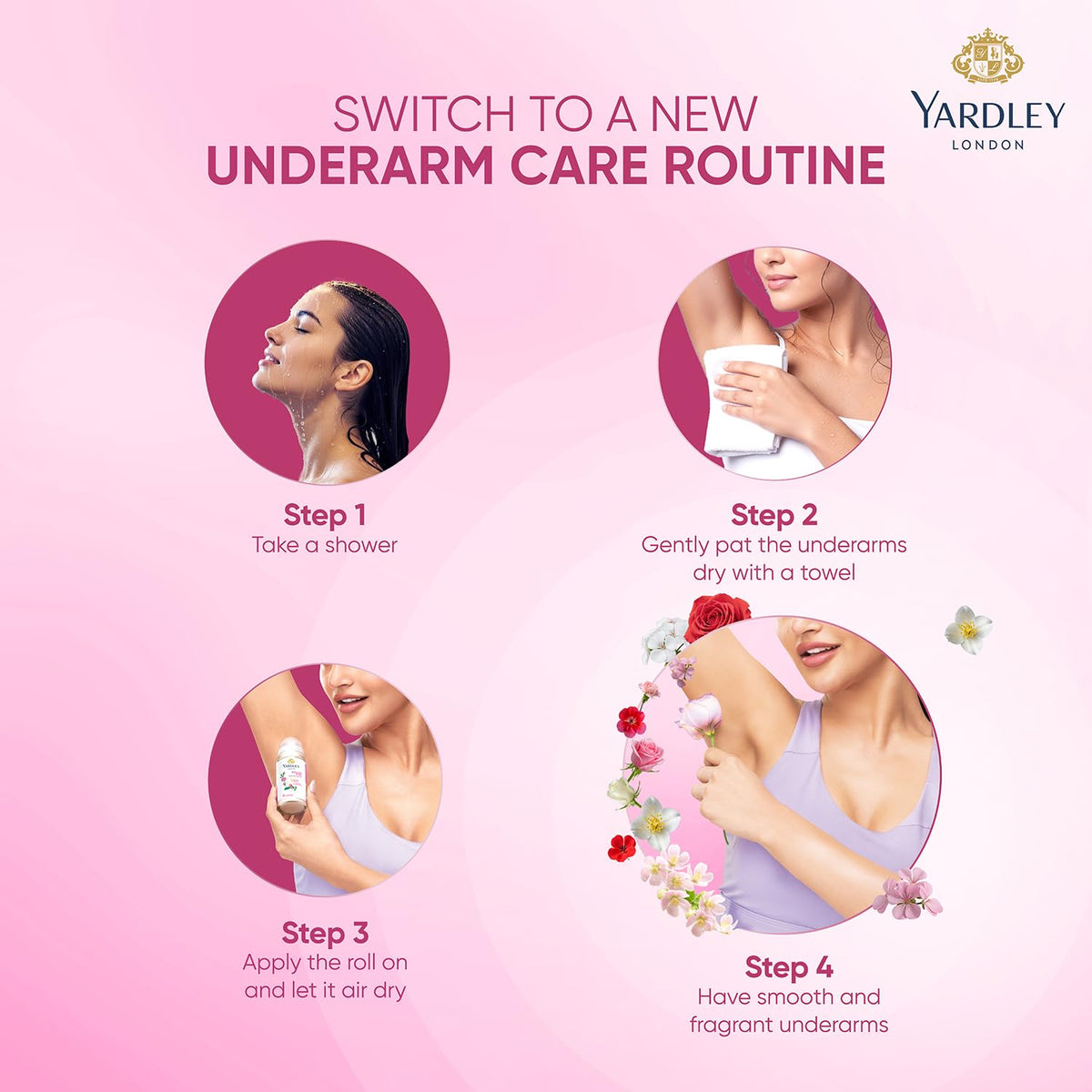 Yardley London English Rose Underarm Deodorant Roll On | With Licorirce Extract & Floral Extracts | Smooth & Eventoned Underarms | 48 H Long Lasting Floral Scent| 0% Alcohol & Dermat Approved | For Women | 50ml