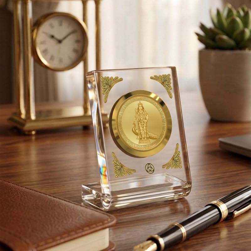 DIVINITI 24K Gold Plated Lord Murugan Acrylic Frame for Car Dashboard, Home Temple & Office Table | Premium Spiritual Gift, Blessings for Protection & Positivity, 8x7 cm Decorative Showpiece