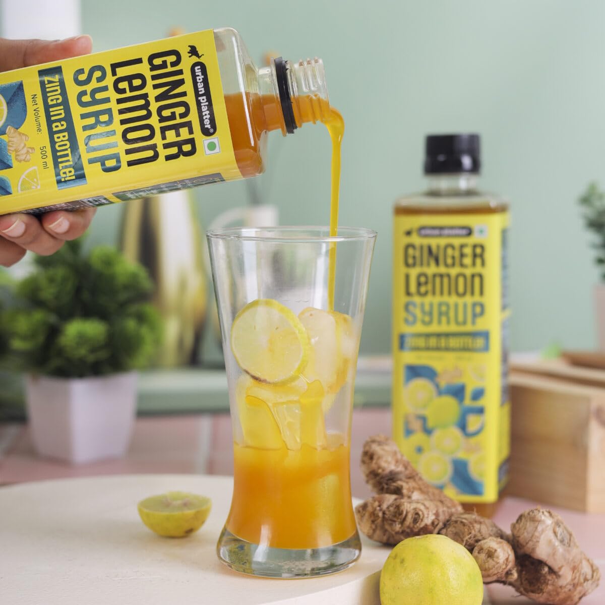 Urban Platter Ginger Lemon Syrup, 500ml (Refreshing | Tangy and Zesty | Sweetened)