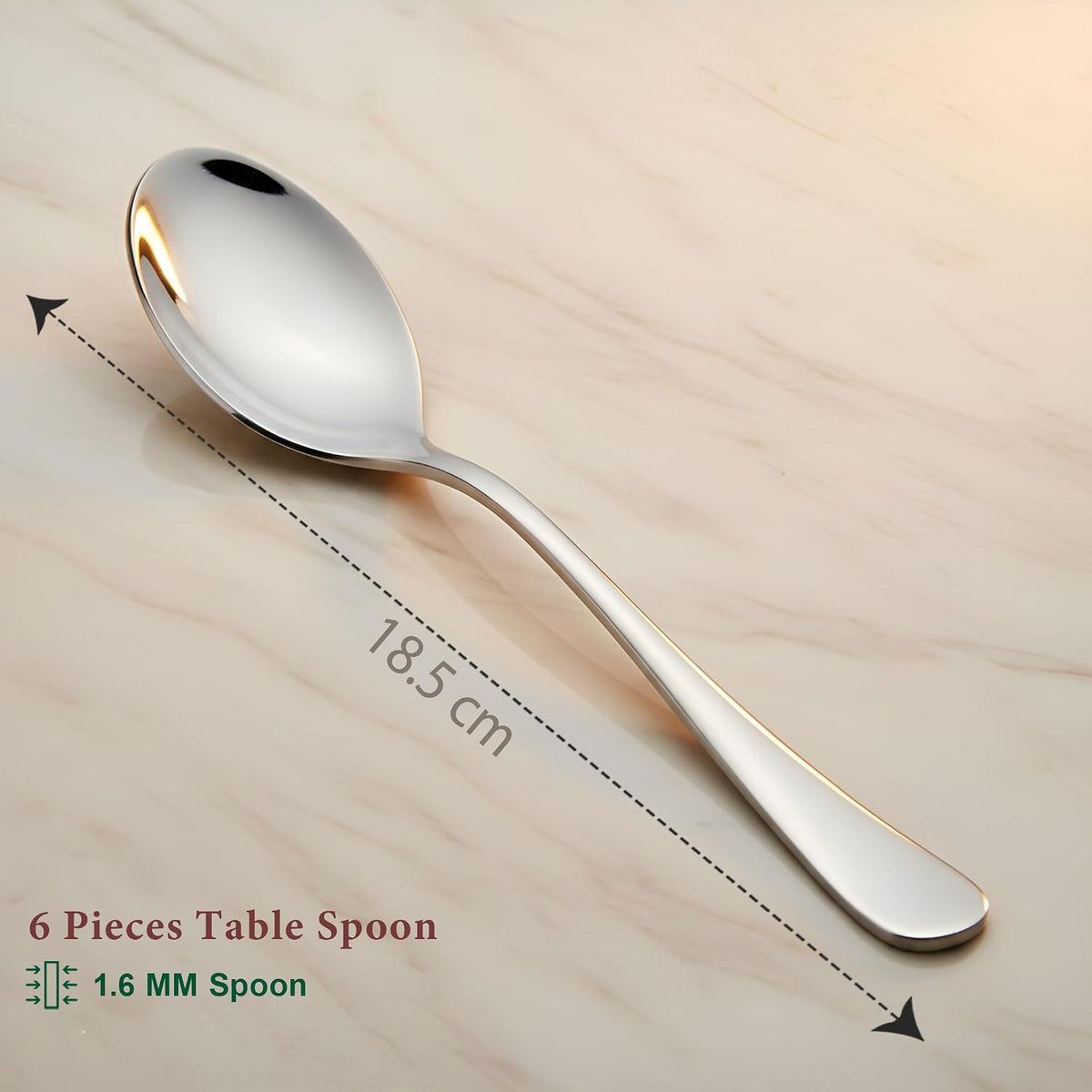 Parage 6 Pieces Stainless Steel Table Spoons Set with Round Edge, 18.5 cm, Tableware, Set of 6, Silver