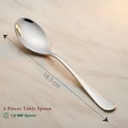 Parage 6 Pieces Stainless Steel Table Spoons Set with Round Edge, 18.5 cm, Tableware, Set of 6, Silver