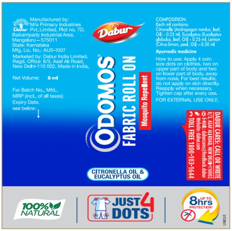 Dabur Odomos Mosquito Repellent Fabric Roll-On – 8 ml | DEET-Free | Herbal Protection for Kids & Adults | Up to 8 Hours Shield from Mosquitoes