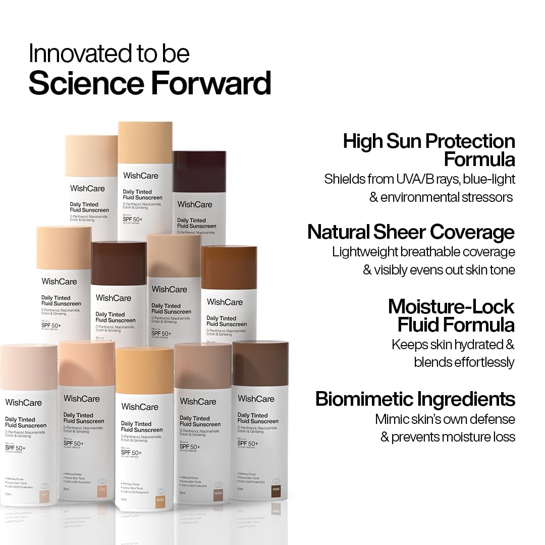 WishCare Daily Fluid Tinted Sunscreen SPF50 PA++++ | R302 | Broad Spectrum Protection for all skin types | In-Vivo Tested Tinted Sun Screen | D-Panthenol, Niacinamide, Ectoin & Ginseng | Evens & Protects | 50ml