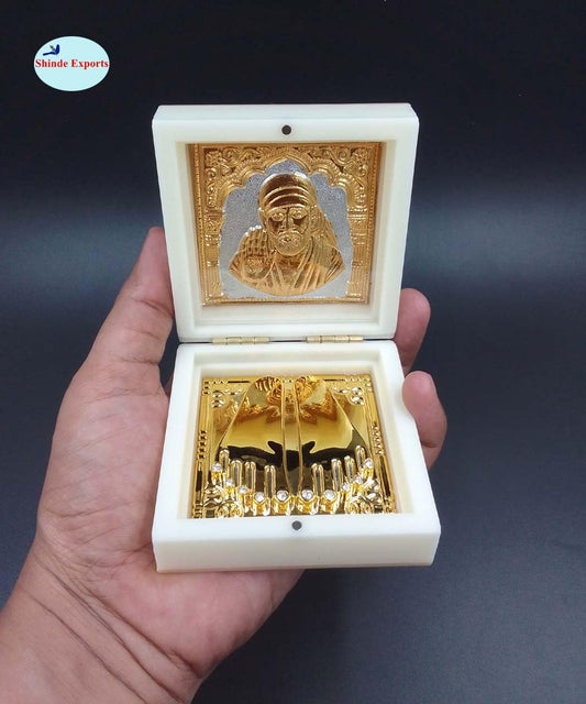 SHINDE EXPORTS Decorative Shirdi Sai Baba Photo Frame with Charan Paduka For God Pooja and Gift. (Mini Charan White Gold Foil)