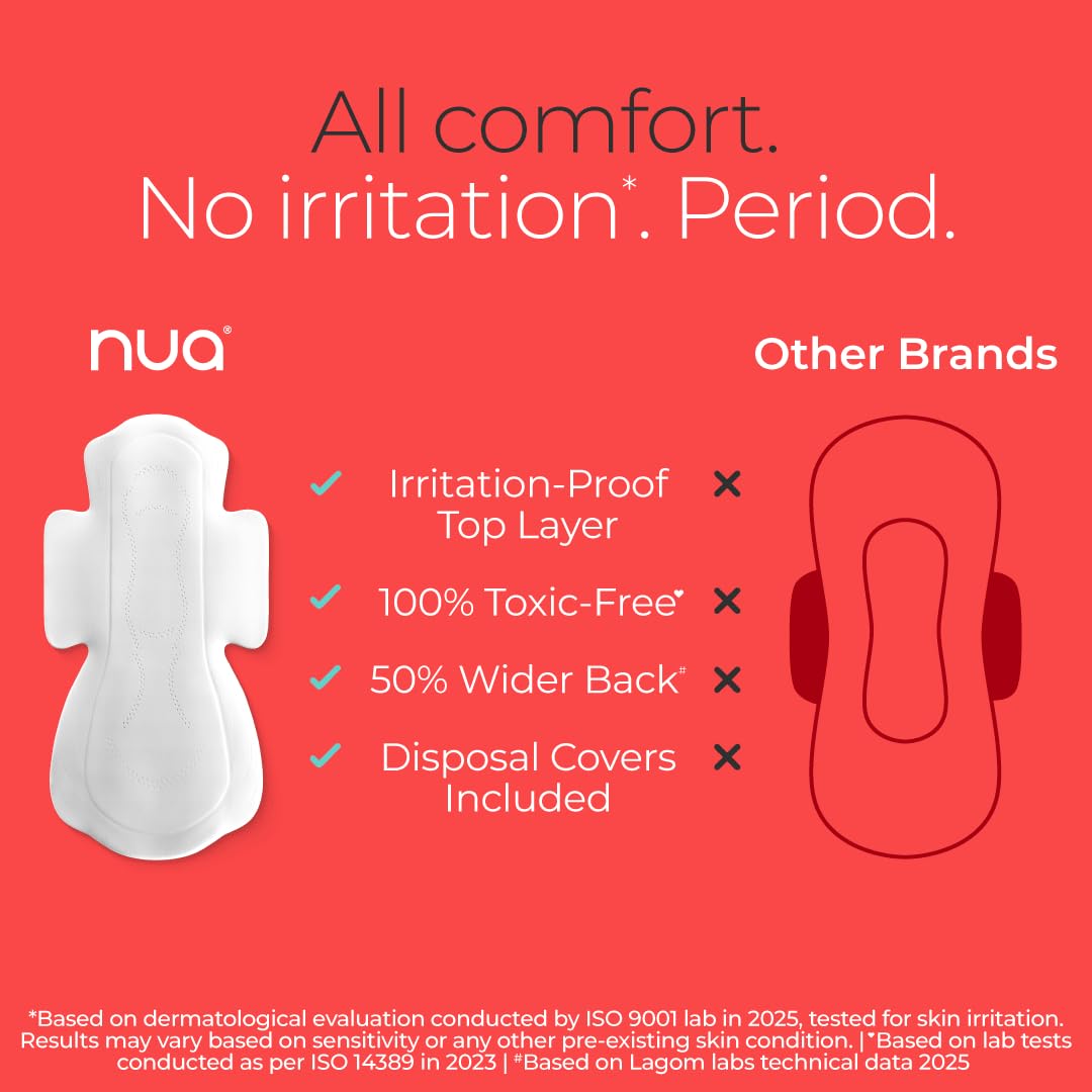 Nua Complete Comfort Sanitary Pads for Sensitive Skin | Pack of 50 Pads (12 Heavy Flow, 20 Medium Flow, 18 Light Flow) with Disposal covers | Zero Irritation | Comfortable All-Day Protection | Ultra-Thin | Super Absorbent | No rashes | 50% Wider Back | 100% Toxic-Free, Dermatologically Tested
