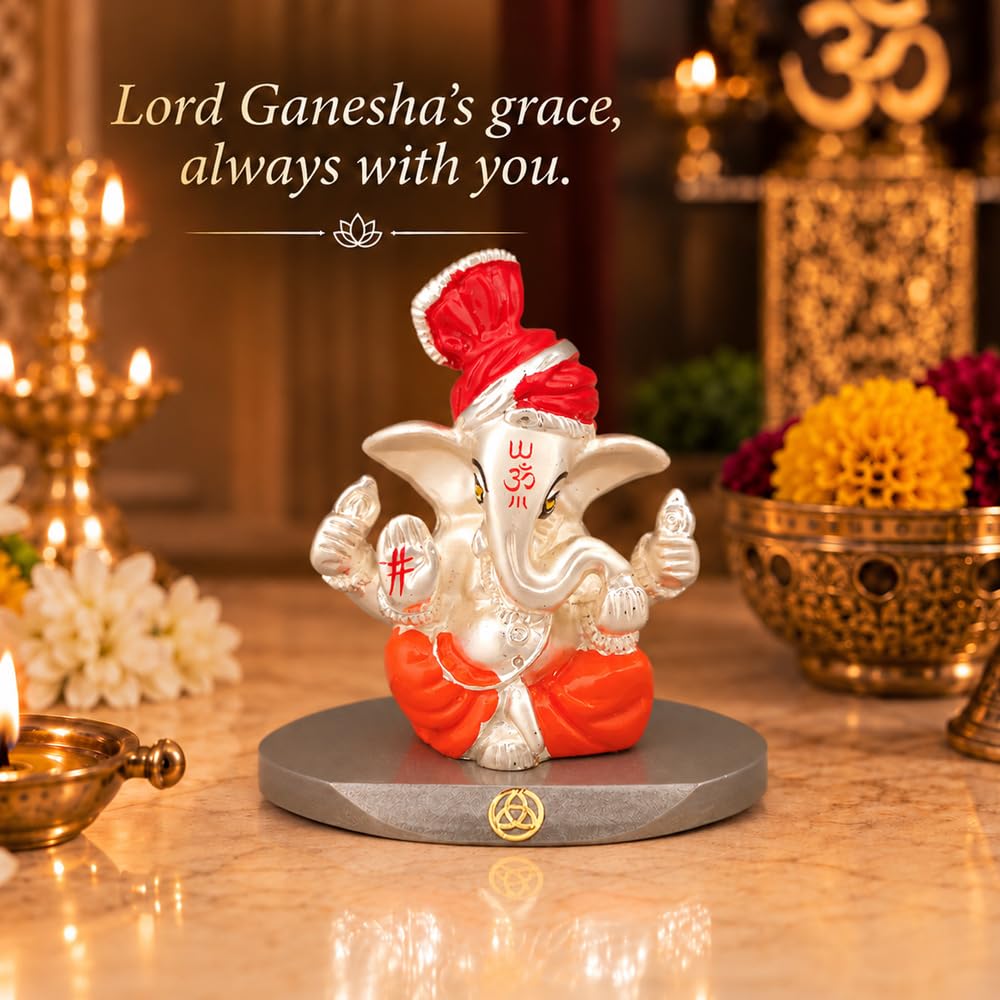 DIVINITI 999 Silver-Plated Lord Ganesha Idol | Ganpati Murti for Car Dashboard, Home, Office & Puja Room | Ganesh Chaturthi, Diwali & Housewarming Gift with Premium Gift Box | 7 x 7 CM