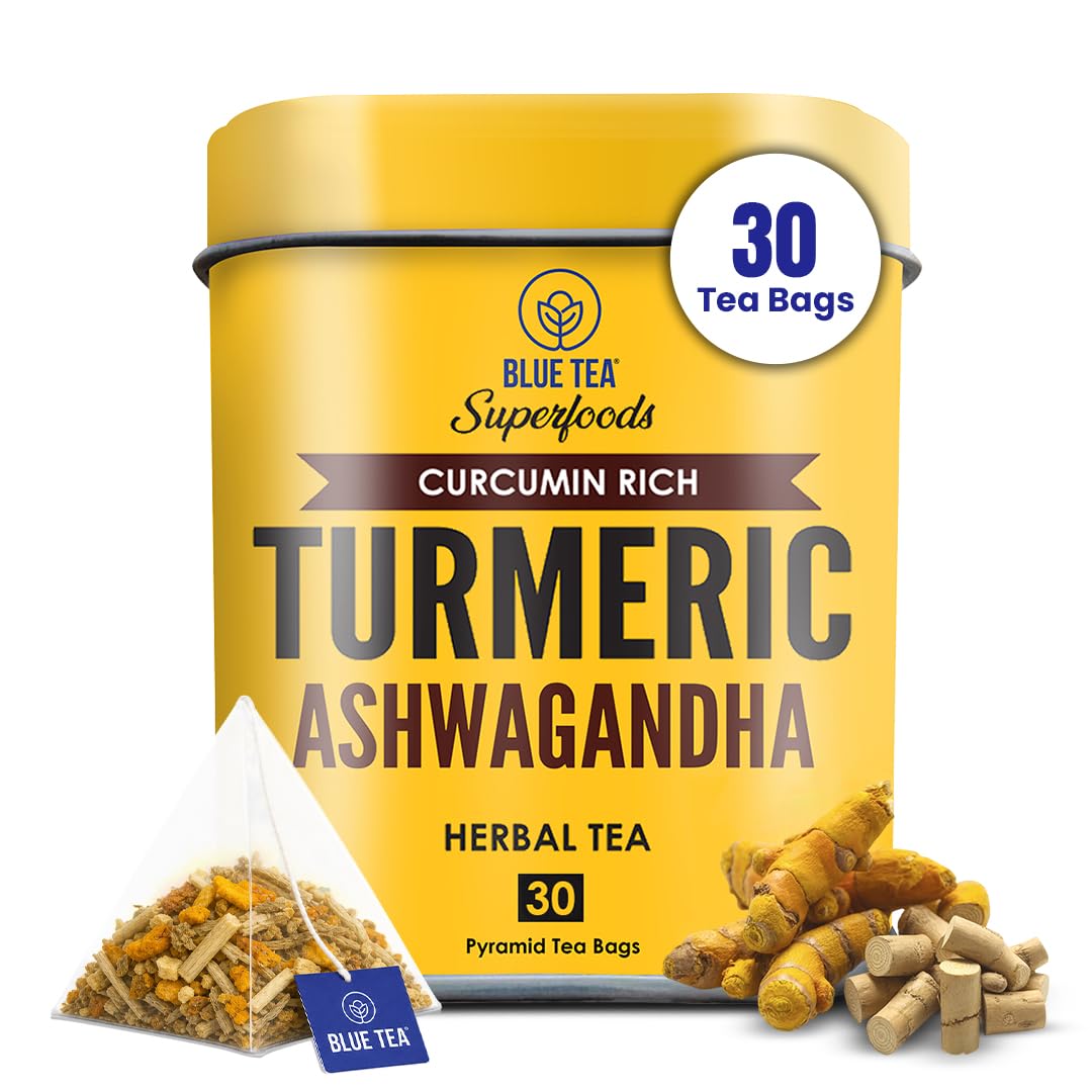 BLUE TEA - Turmeric Tea - Ashwagandha - 30 Tea Bags - Plant Based | CURCUMIN RICH - HERBAL BLEND | Herbal Tea - Caffeine Free | Gluten Free | Reusable Tin Pack
