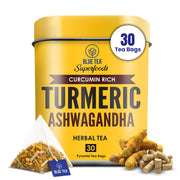 BLUE TEA - Turmeric Tea - Ashwagandha - 30 Tea Bags - Plant Based | CURCUMIN RICH - HERBAL BLEND | Herbal Tea - Caffeine Free | Gluten Free | Reusable Tin Pack