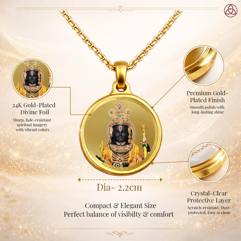 Diviniti 24K Gold Plated Ram Lalla & Ram Mandir Pendant For Men, Women & Kids| 22 MM Double Sided Stylish Pendant Necklace For Girls| Divine God Pendant For Birthday Gift, Anniversary Gift