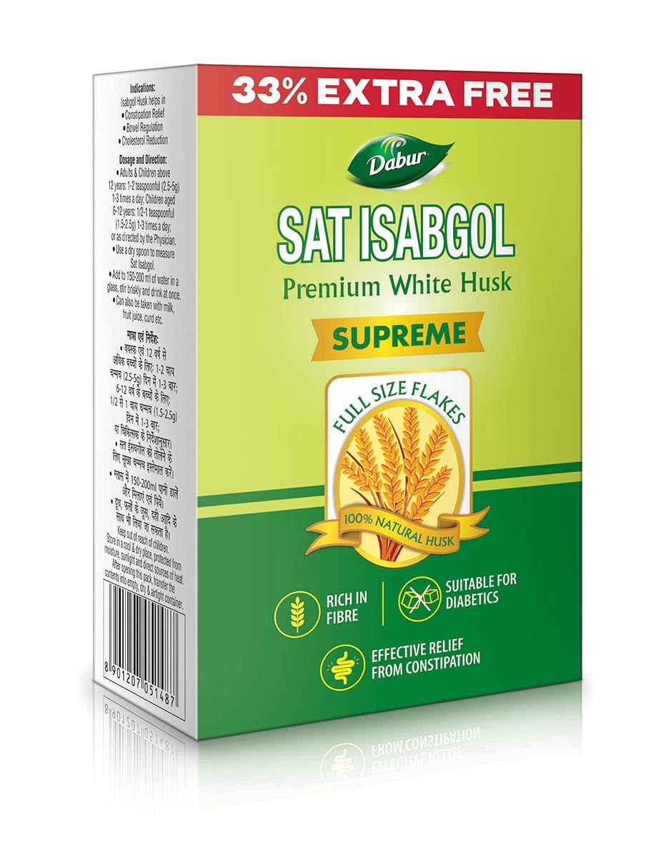 DABUR Sat Isabgol (Psyllium Husk) - 45g + 15g Free | Rich in Fiber | Provides Effective Relief From Constipation & Bloating | Promotes Bowel Health | Non Habit Forming | 100% Ayurvedic, 60 Grams