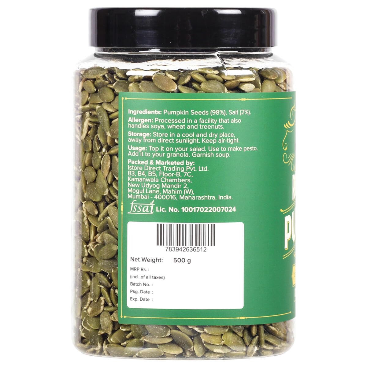 Urban Platter Roasted Pumpkin Seeds, 500g x 2 (Pepitas, Naturally Rich in Protein & Healthy Fats, Snack, Sprinkle & Bake)