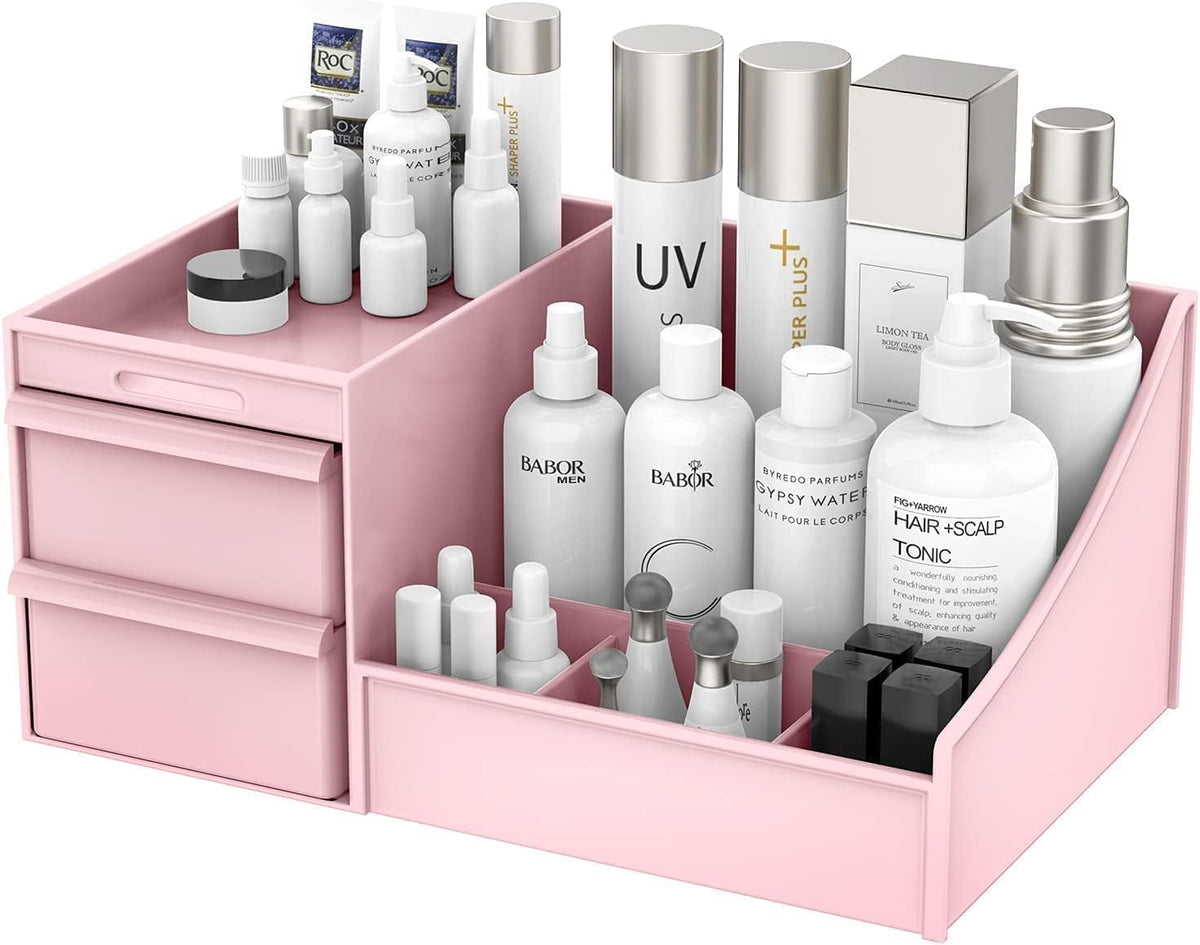 E-COSMOS Large Capacity Cosmetic Storage Box Makeup Drawer Organizer Jewelry Nail Polish Makeup Container Desktop Sundries Storage Box, Plastic (Pink)