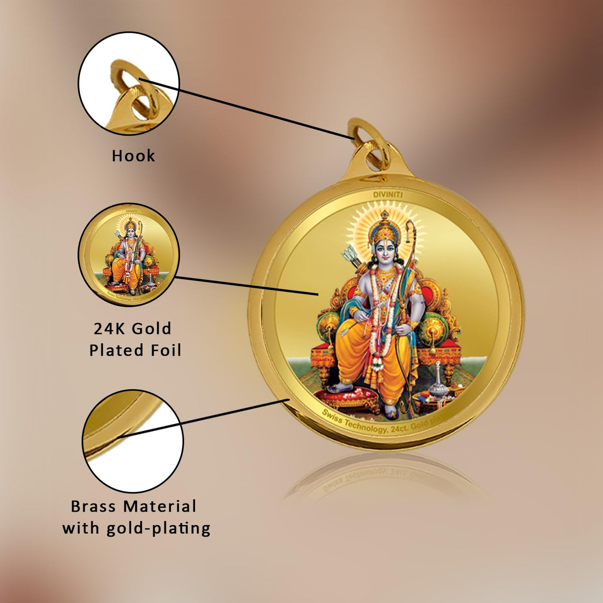 Diviniti 24K Gold Plated Ram Ji & Jai Shri Ram Pendant For Men, Women & Kids | 28 MM Double Sided Stylish Pendant Necklace For Girls | Divine God Pendant For Birthday Gift