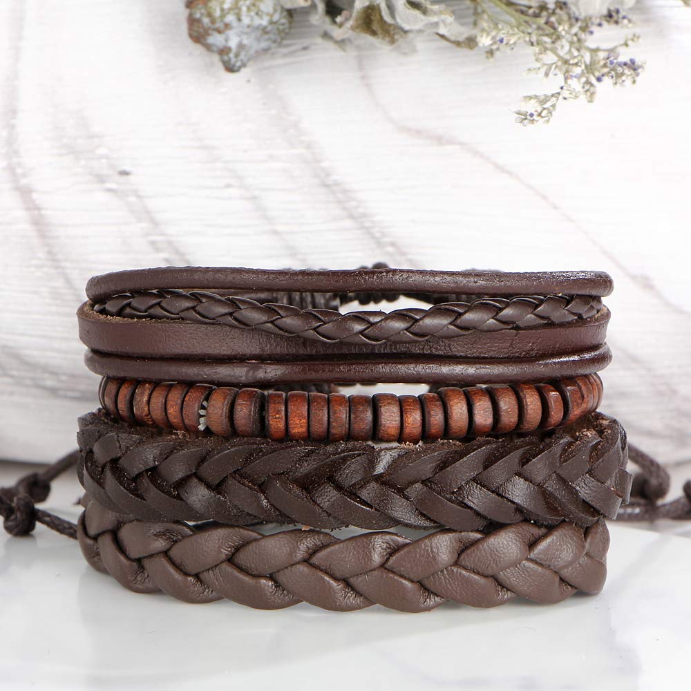 Shining Diva Fashion Brown Leather Stylish Bracelets for Men and Boys (Set of 4) (9891b)